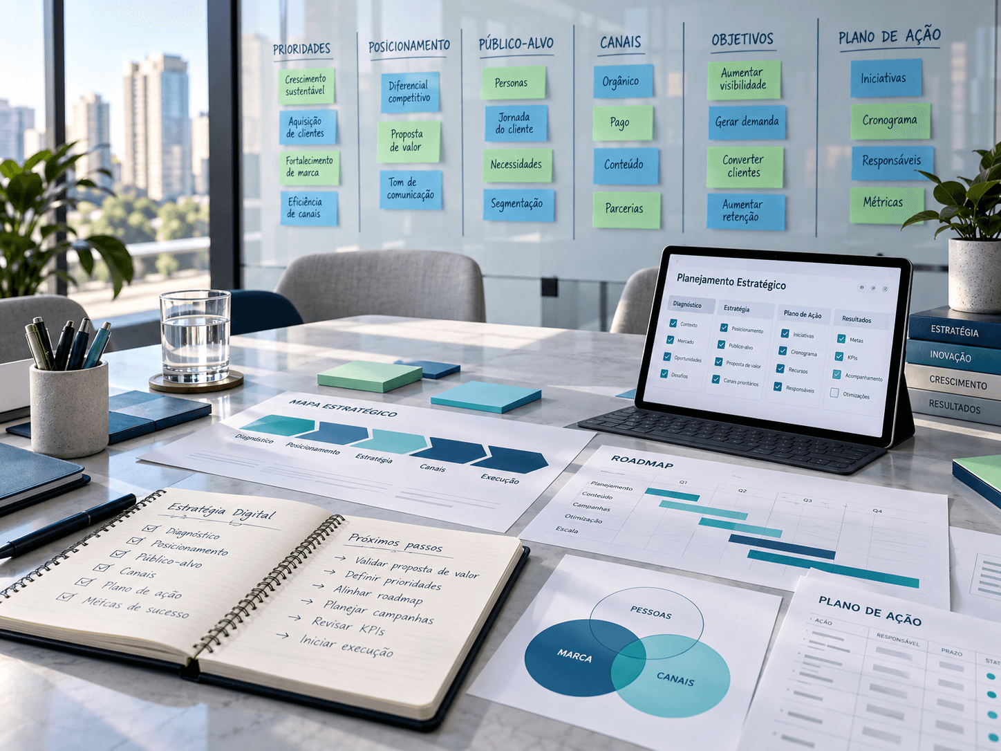 Mesa de planejamento com mapa estratégico, anotações e notebook diante de um quadro de prioridades e objetivos.