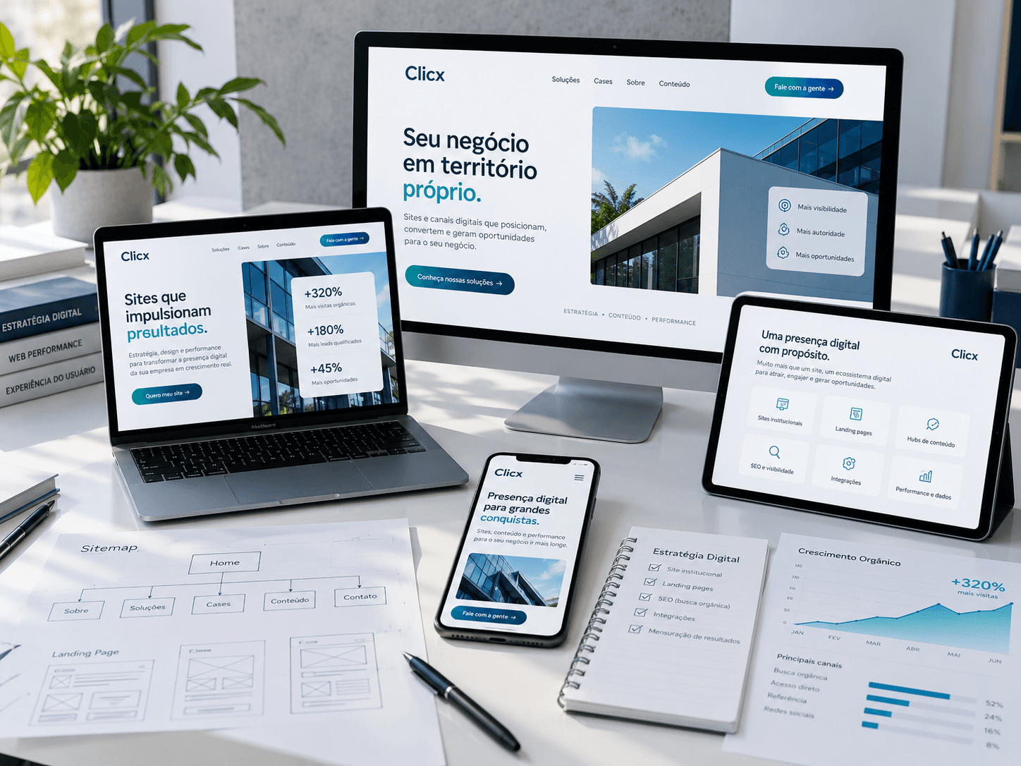 Representação de um site da Clicx em computador, notebook, tablet e celular, com materiais de planejamento sobre a mesa.