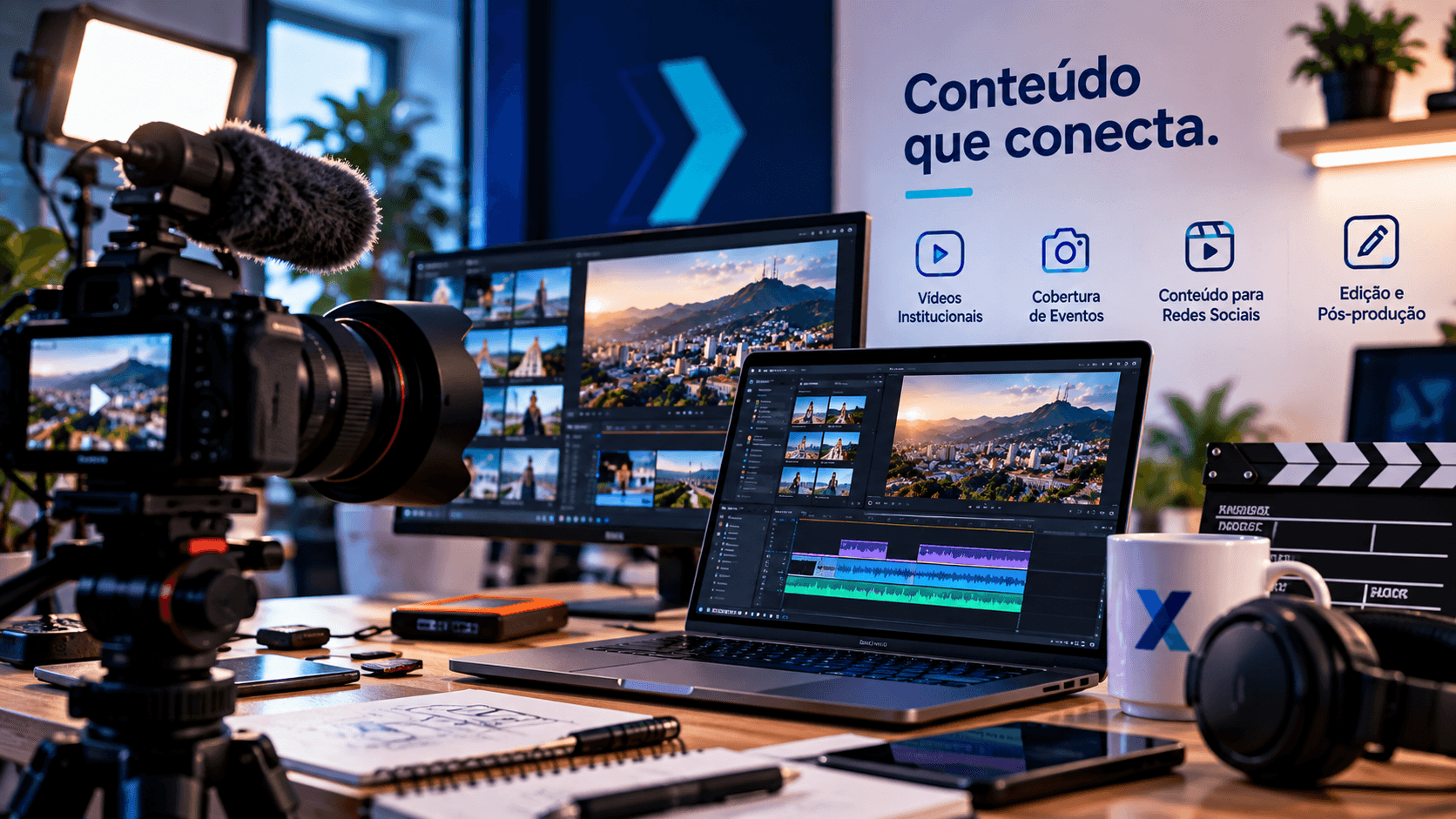 Produção audiovisual da Multimídia Vídeos, com câmera e telas de edição de vídeo.