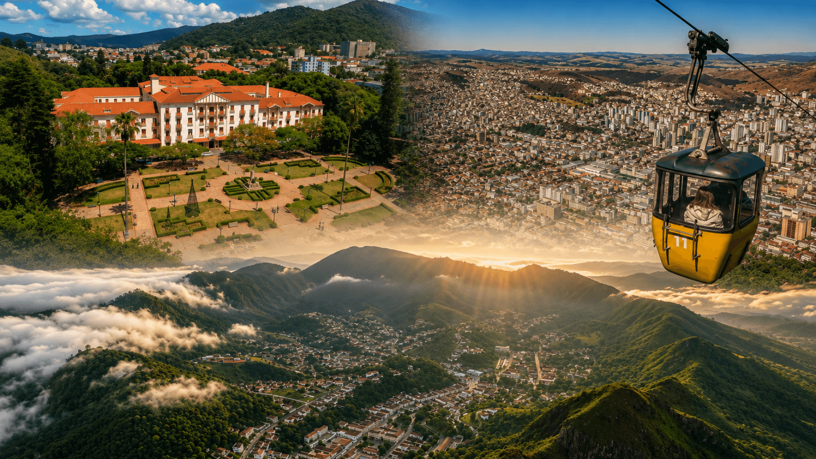 Vista de Poços de Caldas ao entardecer, com árvores, edifícios e montanhas ao fundo.
