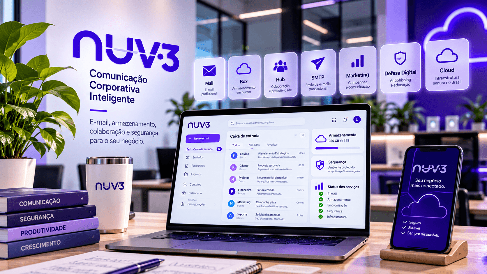 Identidade NUV3 aplicada a um ambiente corporativo, com notebook e celular exibindo suas soluções digitais.