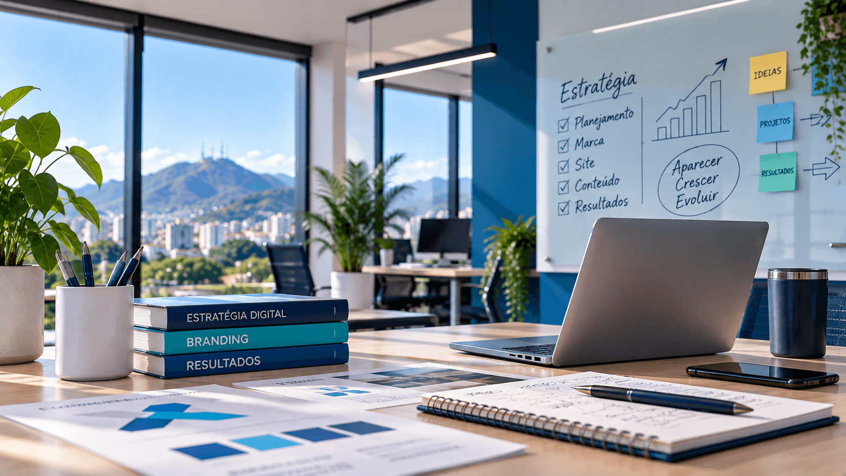 Mesa de planejamento com notebook, anotações e livros, diante de um quadro de estratégia digital.